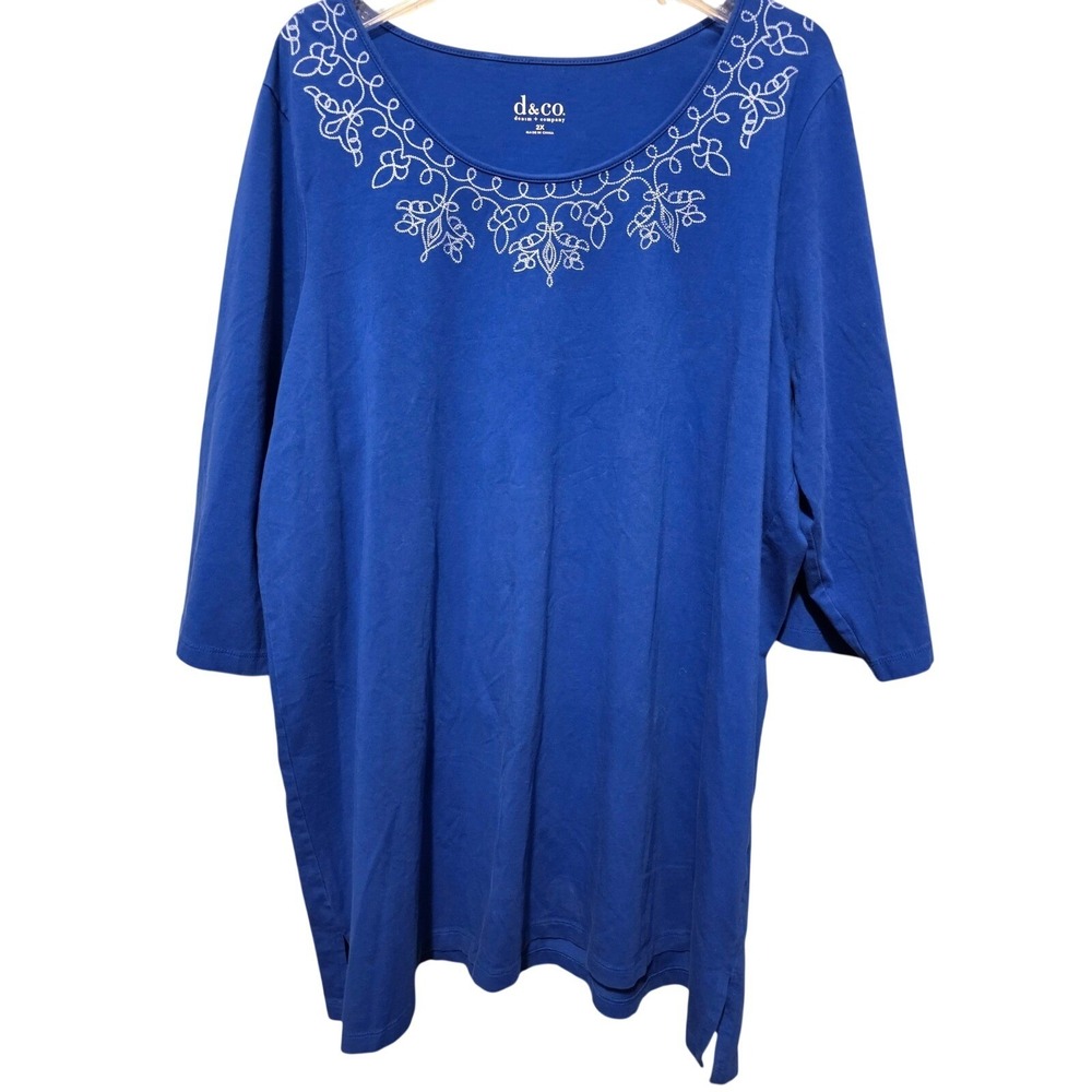 D&Co Denim Company Womens 2XL Blue Embroidered 3/4‎ Sleeve Tunic Relaxed Fit